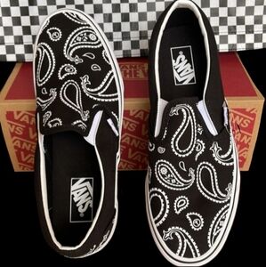 Vans blk white bandana peace paisley classic slip on skater shoe unisex 8.5 BNIB